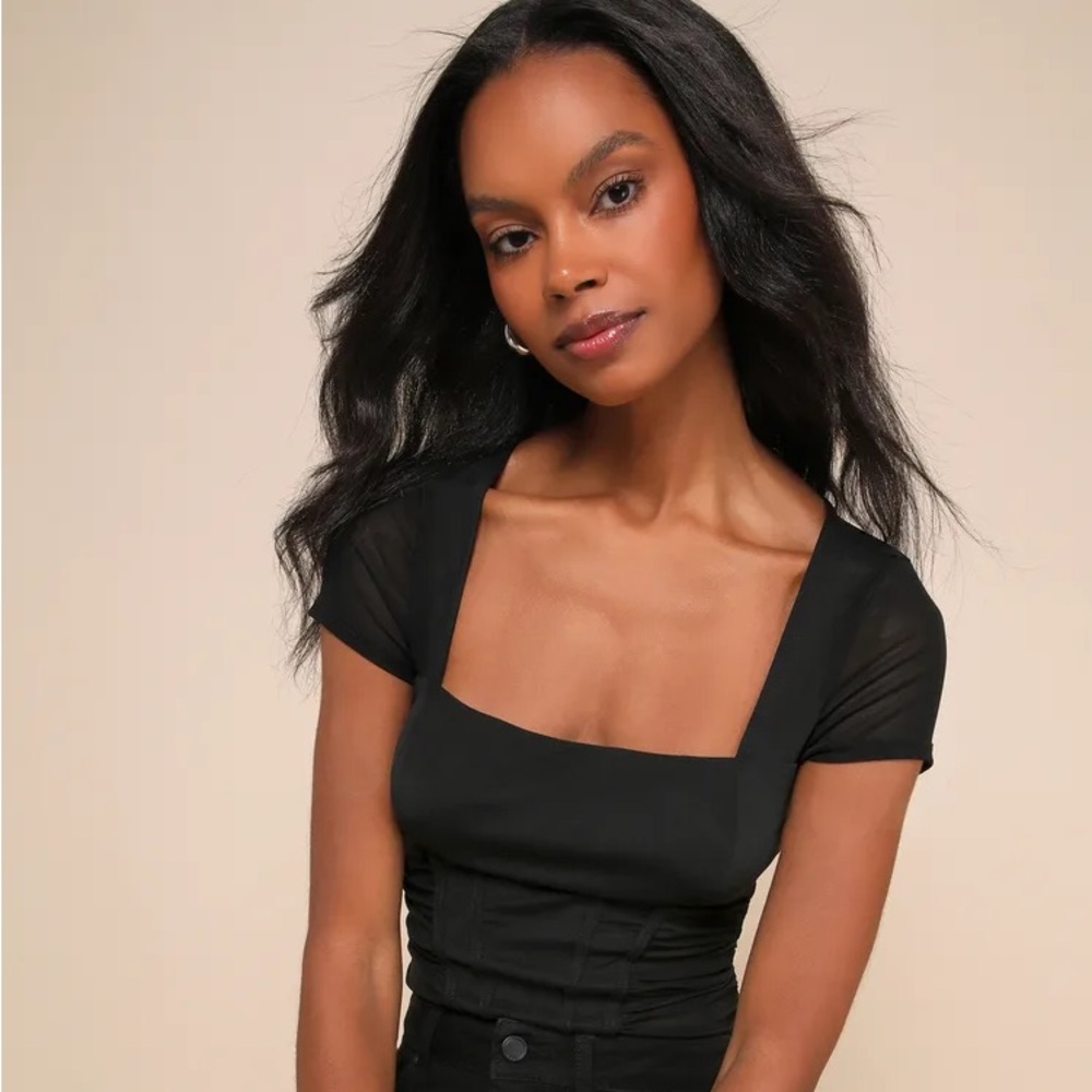 NWT Lulu’s Coveted Vibes Black Mesh Ruched Square Neck Cutout Bodysuit